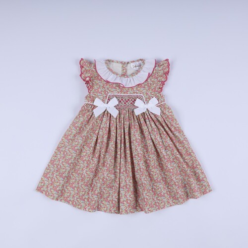 Geometric Smocked Dress In Red Floral White Neck For Girl - BB3219